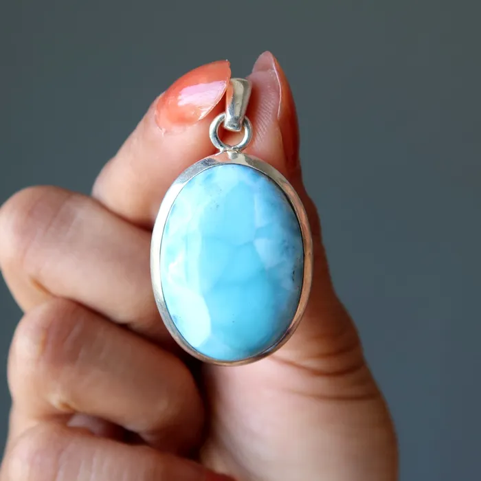 Necklaces Satin Crystals Larimar Pendant Celestial Mirror Sky Blue Sterling Silver