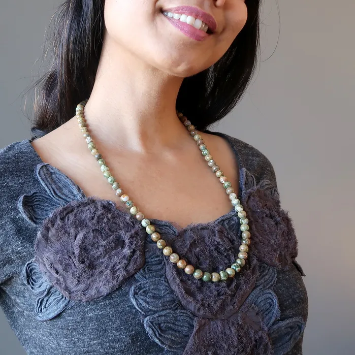 Necklaces Satin Crystals Rhyolite Necklace Tropical Rainforest Green Bead Strand
