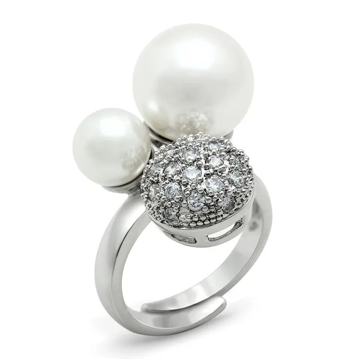 Rings 3W137 Rhodium Brass Ring with Synthetic Pearl in White Alamode