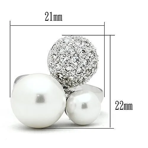 Rings 3W137 Rhodium Brass Ring with Synthetic Pearl in White Alamode