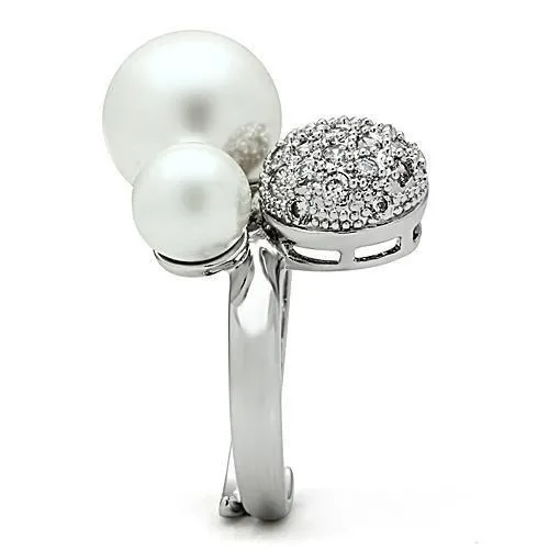 Rings 3W137 Rhodium Brass Ring with Synthetic Pearl in White Alamode