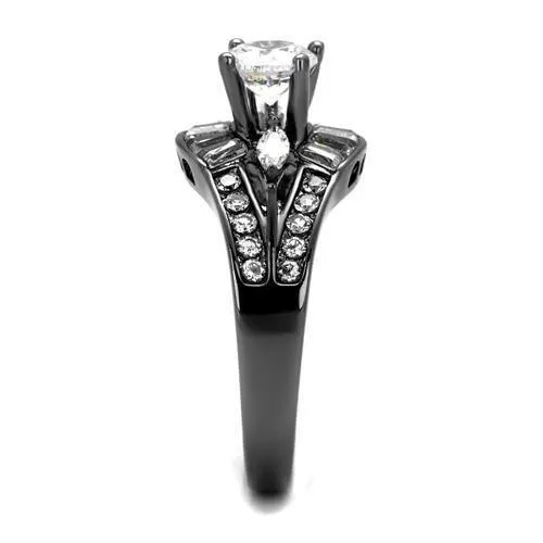 Rings Alamode TK1451LJ IP Light Black IP Gun Stainless Steel Ring with AAA Grade CZ in Clear