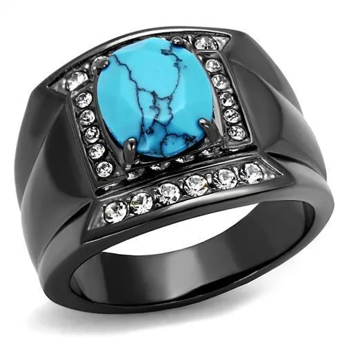 Rings Alamode TK2662 IP Light Black IP Gun Stainless Steel Ring with Synthetic Turquoise in Sea Blue
