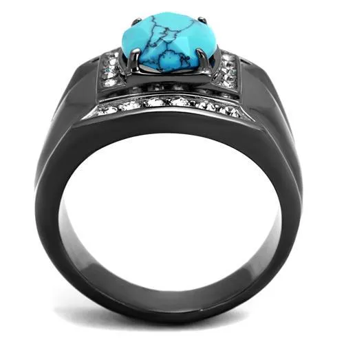 Rings Alamode TK2662 IP Light Black IP Gun Stainless Steel Ring with Synthetic Turquoise in Sea Blue