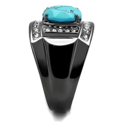 Rings Alamode TK2662 IP Light Black IP Gun Stainless Steel Ring with Synthetic Turquoise in Sea Blue