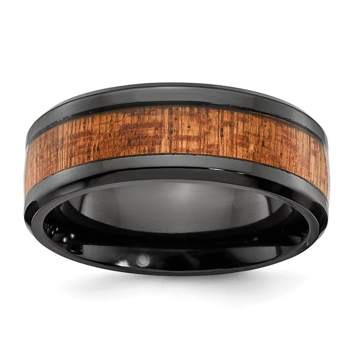 Rings Chisel Black Zirconium Polished with Wood Inlay 8mm Band ZCR105