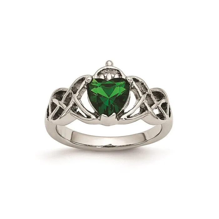 Rings Chisel Stainless Steel Polished w Green Heart CZ Claddagh Ring