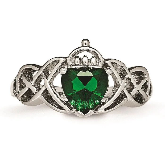 Rings Chisel Stainless Steel Polished w Green Heart CZ Claddagh Ring Rings Chisel Stainless Steel Polished w Green Heart CZ Claddagh Ring