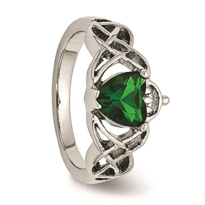 Rings Chisel Stainless Steel Polished w Green Heart CZ Claddagh Ring Rings Chisel Stainless Steel Polished w Green Heart CZ Claddagh Ring