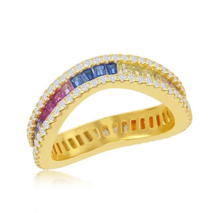 Rings Classic Sterling Silver GP Rainbow Baguette CZ Wavy Ring W2442GP