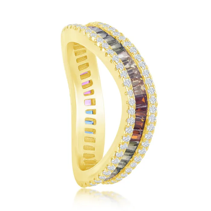 Rings Classic Sterling Silver GP Rainbow Baguette CZ Wavy Ring W2442GP