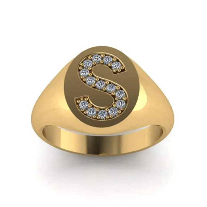 Rings deBebians Oval Signet Ring with Diamond Initial 12mm x 10mm Rings deBebians Oval Signet Ring with Diamond Initial 12mm x 10mm