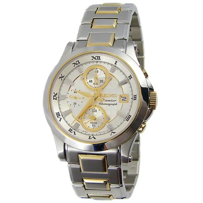 Rings Seiko SNA586 Mens Premier White Dial Two Tone Steel Chronograph Alarm Watch Seiko