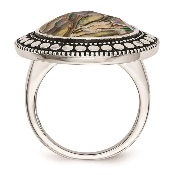 Rings Stainless Steel Polished and Antiqued Imitation Abalone Ring Chisel Rings Stainless Steel Polished and Antiqued Imitation Abalone Ring Chisel