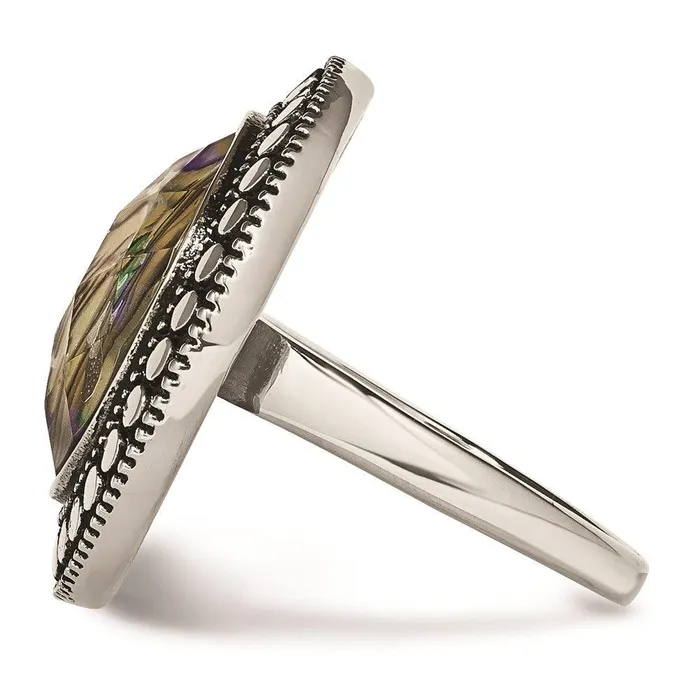 Rings Stainless Steel Polished and Antiqued Imitation Abalone Ring Chisel Rings Stainless Steel Polished and Antiqued Imitation Abalone Ring Chisel
