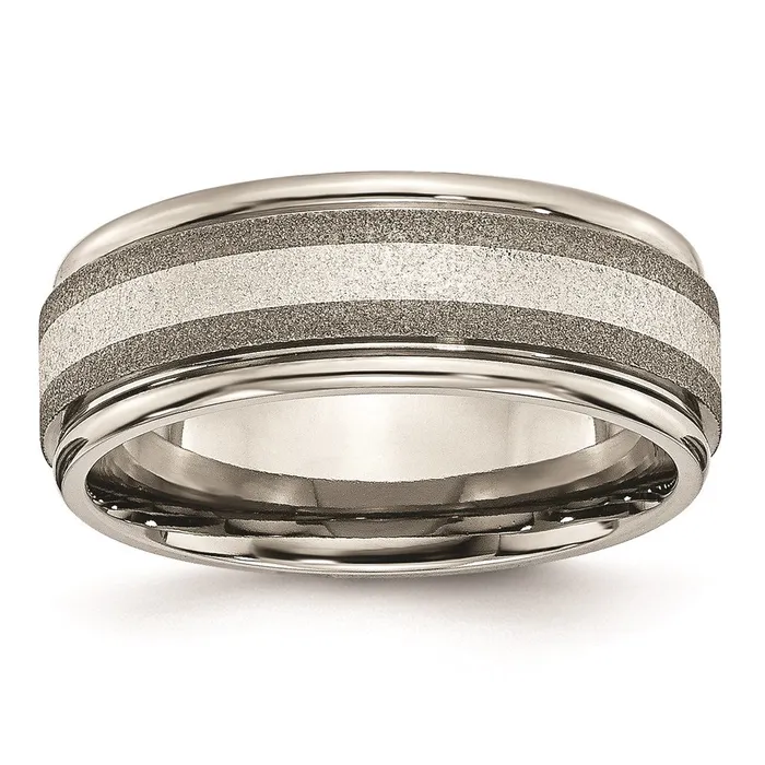 Rings Titanium Polished Stone Finish Center Grooved Edge Sterling Inlay Band TB83 Chisel Rings Titanium Polished Stone Finish Center Grooved Edge Sterling Inlay Band TB83 Chisel