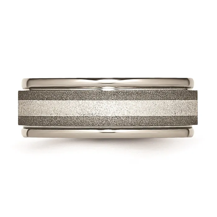 Rings Titanium Polished Stone Finish Center Grooved Edge Sterling Inlay Band TB83 Chisel Rings Titanium Polished Stone Finish Center Grooved Edge Sterling Inlay Band TB83 Chisel