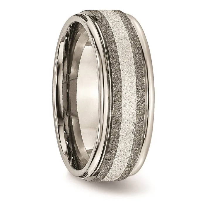Rings Titanium Polished Stone Finish Center Grooved Edge Sterling Inlay Band TB83 Chisel Rings Titanium Polished Stone Finish Center Grooved Edge Sterling Inlay Band TB83 Chisel