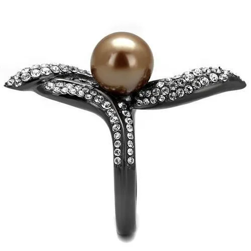 Rings TK2834 IP Light Black IP Gun Stainless Steel Ring with Synthetic Pearl in Brown Alamode