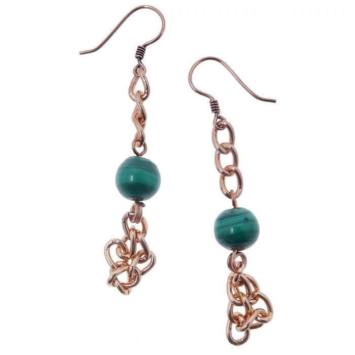 Satin Crystals Earrings Malachite Earrings Confidence Stone Copper Chain