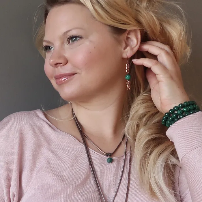 Satin Crystals Earrings Malachite Earrings Confidence Stone Copper Chain