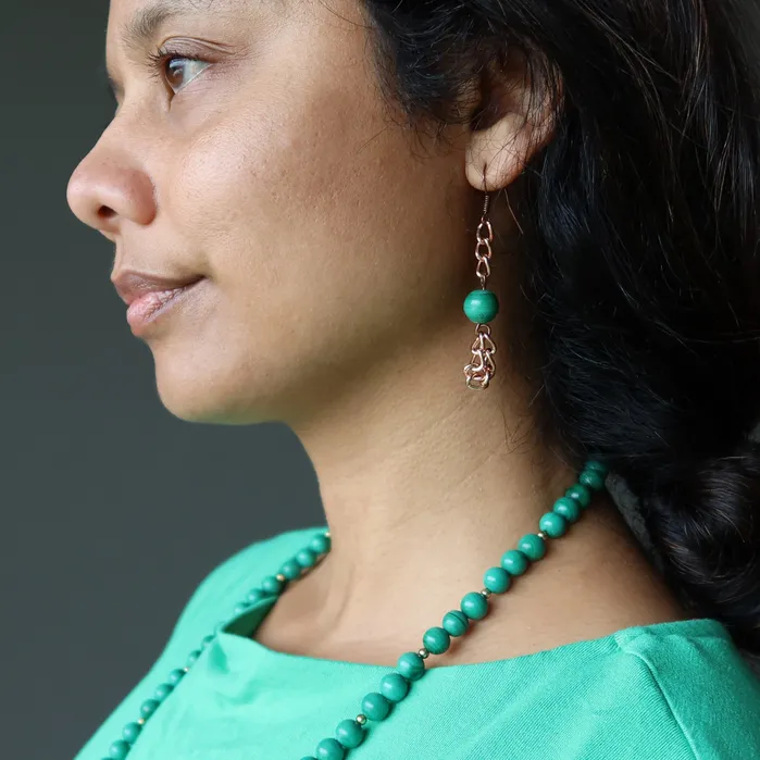 Satin Crystals Earrings Malachite Earrings Confidence Stone Copper Chain