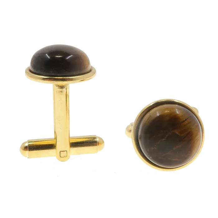 Satin Crystals Earrings Tigers Eye Cufflinks Brown Shiny Stones Gold