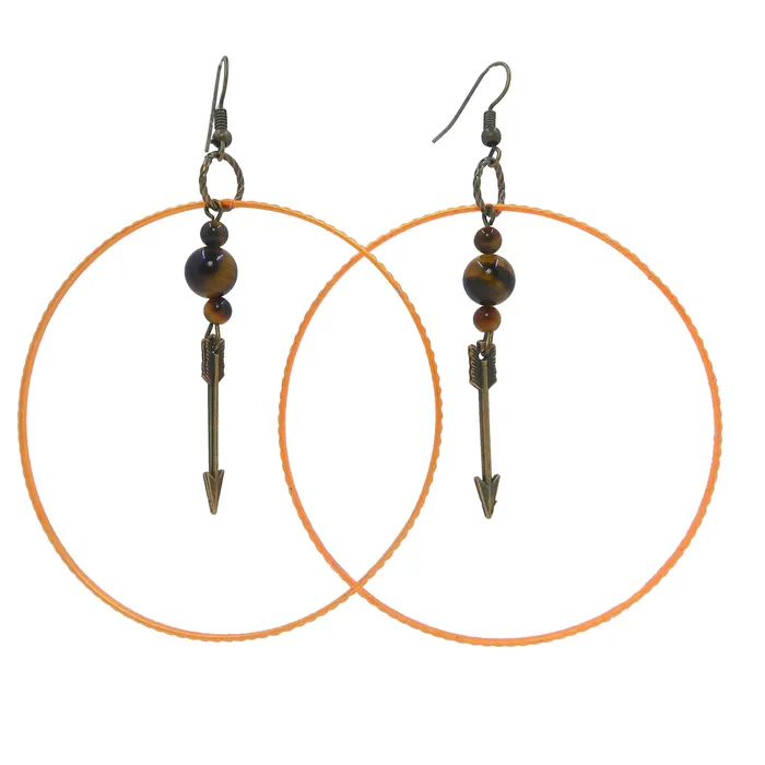 Satin Crystals Earrings Tigers Eye Earrings Orange Hoops Archery Aim High