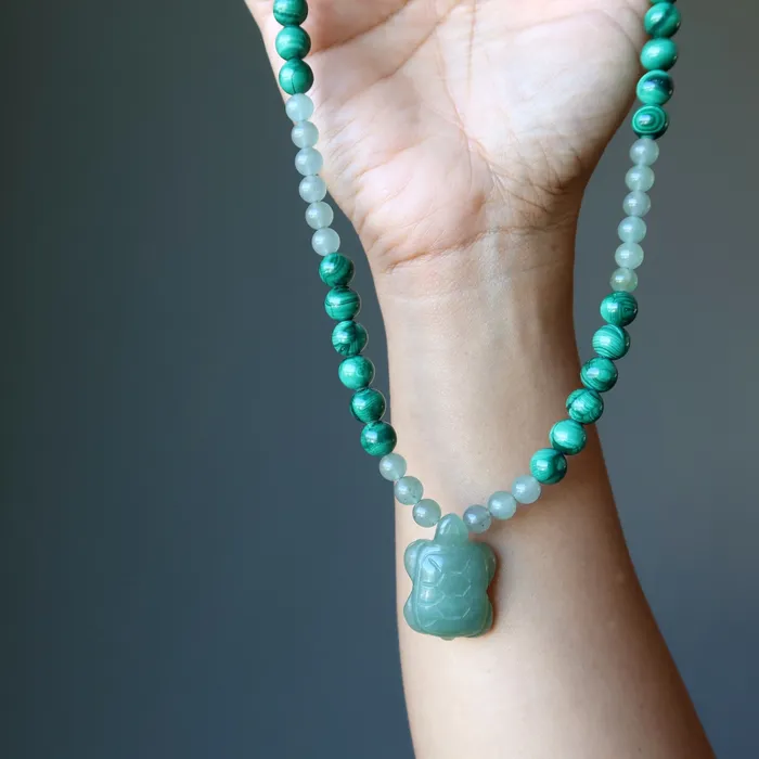 Satin Crystals Necklaces Green Aventurine Necklace Malachite Turtle Prosperity