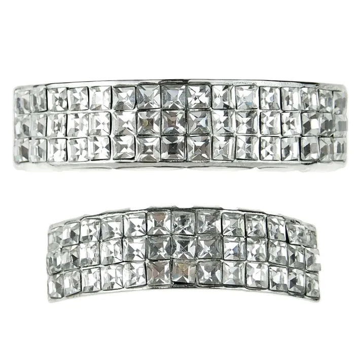 Silver Tone ThreeRow VIP PrincessCut Iced Grillz Set Bling Cartel Admin Rings