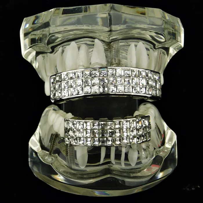 Silver Tone ThreeRow VIP PrincessCut Iced Grillz Set Bling Cartel Admin Rings