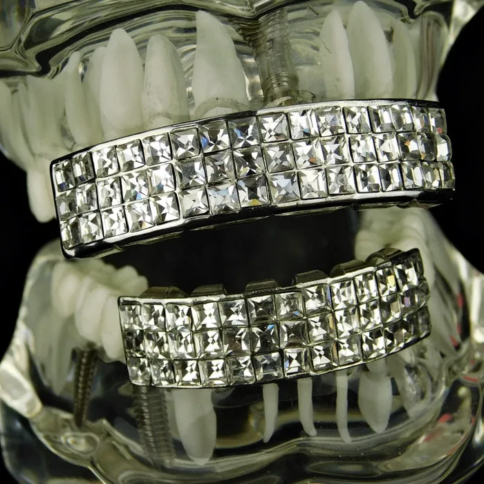 Silver Tone ThreeRow VIP PrincessCut Iced Grillz Set Bling Cartel Admin Rings