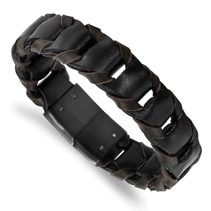 Stainless Steel Black IPplated Black and Brown Leather 825in Bracelet Chisel Bracelets Stainless Steel Black IPplated Black and Brown Leather 825in Bracelet Chisel Bracelets
