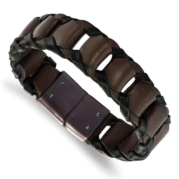 Stainless Steel Brown IPplated Black and Brown Leather 825in Bracelet Chisel Bracelets Stainless Steel Brown IPplated Black and Brown Leather 825in Bracelet Chisel Bracelets