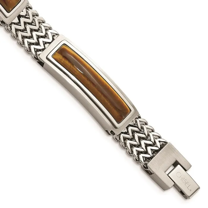 Stainless Steel Brushed and Polished wTigers Eye 825in Bracelet Chisel Bracelets
