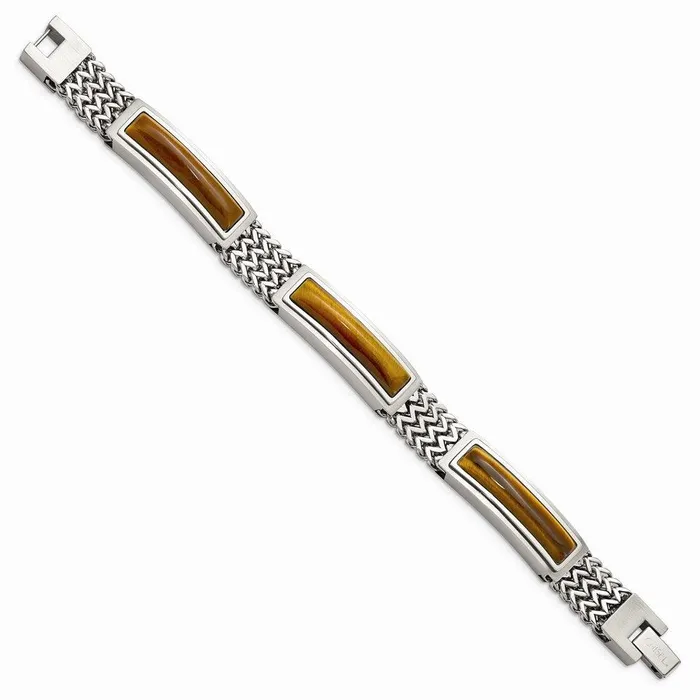 Stainless Steel Brushed and Polished wTigers Eye 825in Bracelet Chisel Bracelets Stainless Steel Brushed and Polished wTigers Eye 825in Bracelet Chisel Bracelets
