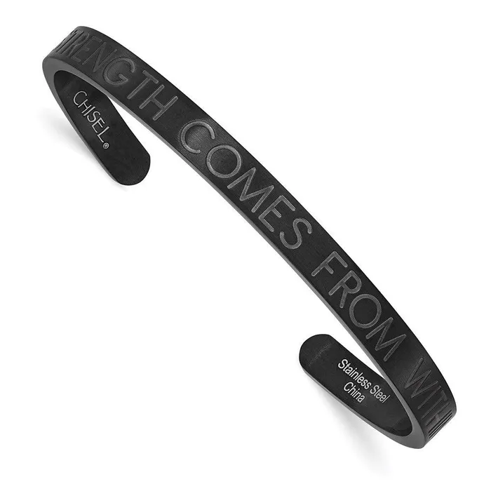 Stainless Steel Brushed Black IPplated STRENGTH COMES 6mm Cuff Bangle Chisel Bracelets Stainless Steel Brushed Black IPplated STRENGTH COMES 6mm Cuff Bangle Chisel Bracelets
