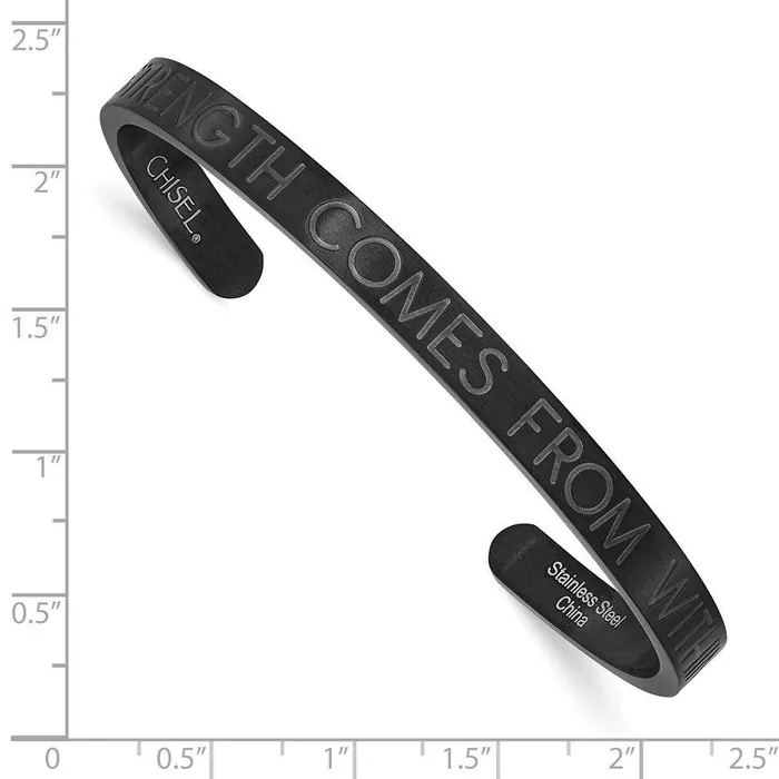 Stainless Steel Brushed Black IPplated STRENGTH COMES 6mm Cuff Bangle Chisel Bracelets Stainless Steel Brushed Black IPplated STRENGTH COMES 6mm Cuff Bangle Chisel Bracelets