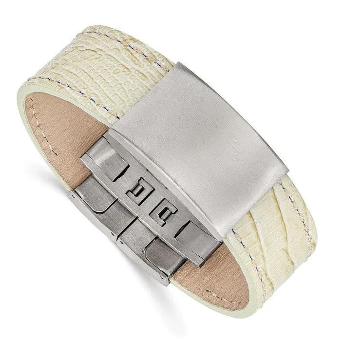 Stainless Steel Brushed White Leather ID Bracelet Chisel Bracelets