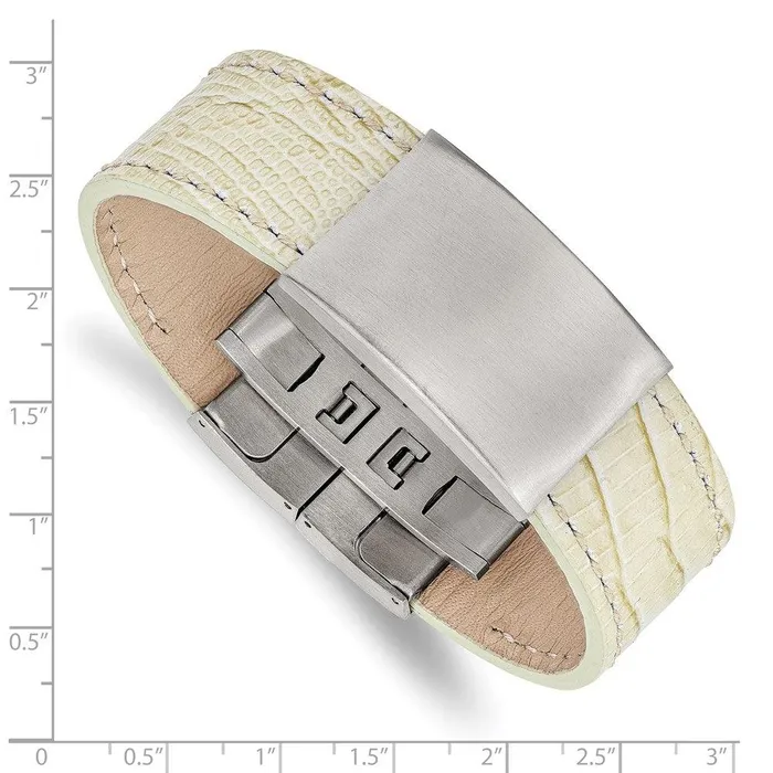 Stainless Steel Brushed White Leather ID Bracelet Chisel Bracelets Stainless Steel Brushed White Leather ID Bracelet Chisel Bracelets