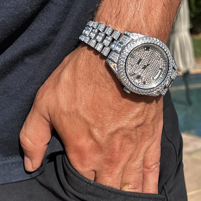 Stainless Steel Hip Hop Watch Silver Tone Iced Flooded Out Automatic AMERICAN TIME Earrings Stainless Steel Hip Hop Watch Silver Tone Iced Flooded Out Automatic AMERICAN TIME Earrings