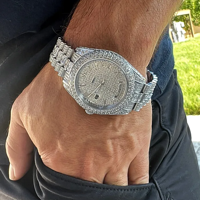 Stainless Steel Hip Hop Watch Silver Tone Iced Flooded Out Automatic AMERICAN TIME Earrings Stainless Steel Hip Hop Watch Silver Tone Iced Flooded Out Automatic AMERICAN TIME Earrings
