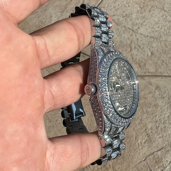 Stainless Steel Hip Hop Watch Silver Tone Iced Flooded Out Automatic AMERICAN TIME Earrings Stainless Steel Hip Hop Watch Silver Tone Iced Flooded Out Automatic AMERICAN TIME Earrings