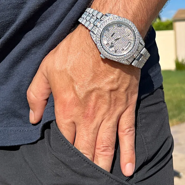 Stainless Steel Hip Hop Watch Silver Tone Iced Flooded Out Automatic AMERICAN TIME Earrings Stainless Steel Hip Hop Watch Silver Tone Iced Flooded Out Automatic AMERICAN TIME Earrings