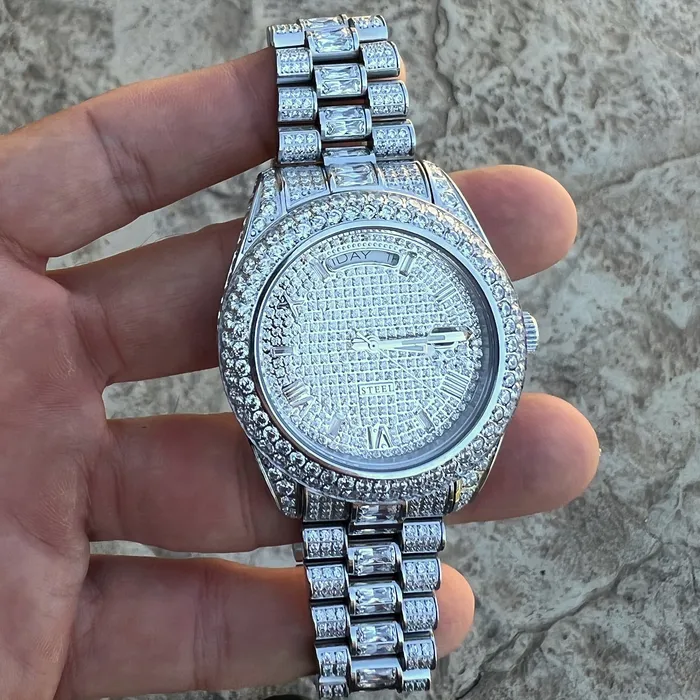 Stainless Steel Hip Hop Watch Silver Tone Iced Flooded Out Automatic AMERICAN TIME Earrings Stainless Steel Hip Hop Watch Silver Tone Iced Flooded Out Automatic AMERICAN TIME Earrings