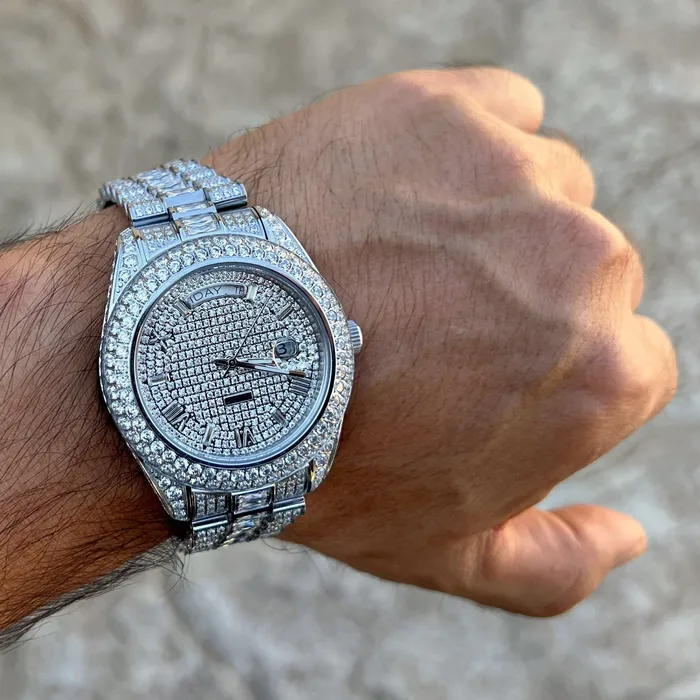 Stainless Steel Hip Hop Watch Silver Tone Iced Flooded Out Automatic AMERICAN TIME Earrings Stainless Steel Hip Hop Watch Silver Tone Iced Flooded Out Automatic AMERICAN TIME Earrings