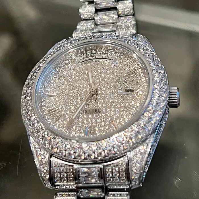 Stainless Steel Hip Hop Watch Silver Tone Iced Flooded Out Automatic AMERICAN TIME Earrings Stainless Steel Hip Hop Watch Silver Tone Iced Flooded Out Automatic AMERICAN TIME Earrings