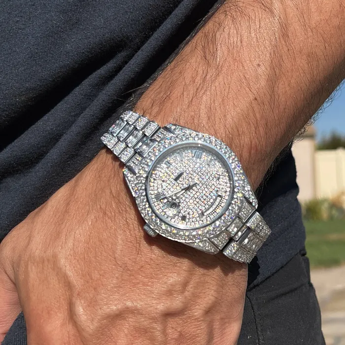 Stainless Steel Hip Hop Watch Silver Tone Iced Flooded Out Automatic AMERICAN TIME Earrings Stainless Steel Hip Hop Watch Silver Tone Iced Flooded Out Automatic AMERICAN TIME Earrings