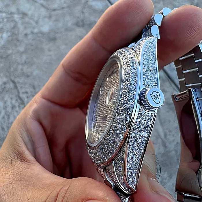 Stainless Steel Hip Hop Watch Silver Tone Iced Flooded Out Automatic AMERICAN TIME Earrings Stainless Steel Hip Hop Watch Silver Tone Iced Flooded Out Automatic AMERICAN TIME Earrings