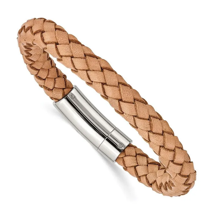 Stainless Steel Light Tan Leather 85in Bracelet Chisel Bracelets